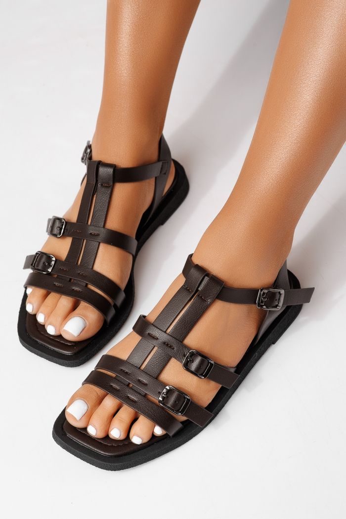 Дамски сандали с ниска подметка кафяви от еко кожа Azura #25161