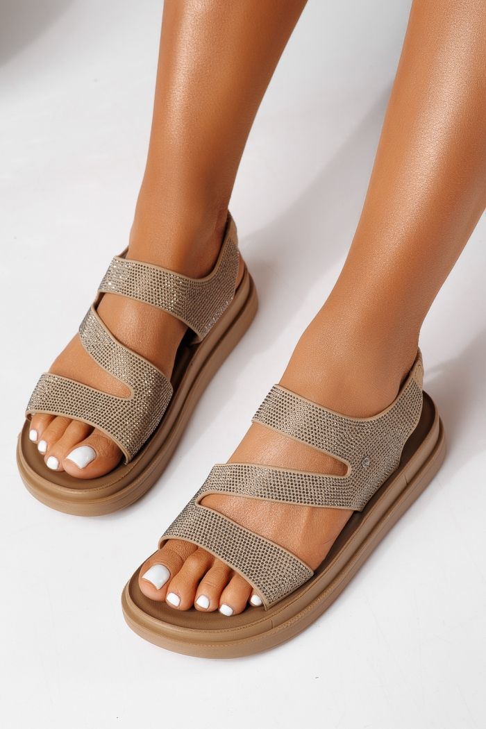 Дамски сандали с ниска подметка бежови от еко кожа Azura #25121