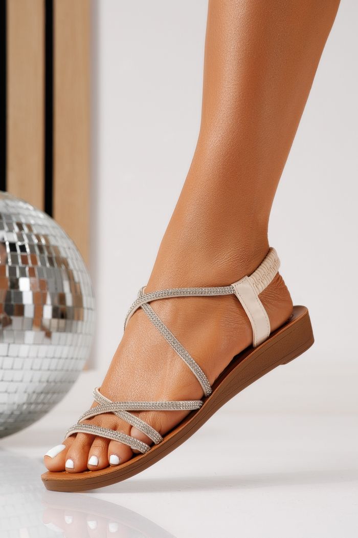 Дамски сандали с ниска подметка бежови от еко кожа Eva #25184