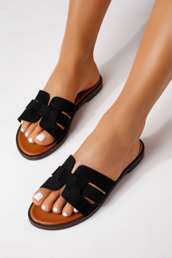 Дамски чехли черни от обърната еко кожа Odessa #25104