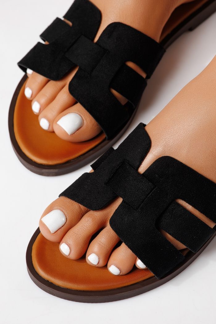 Дамски чехли черни от обърната еко кожа Odessa #25104