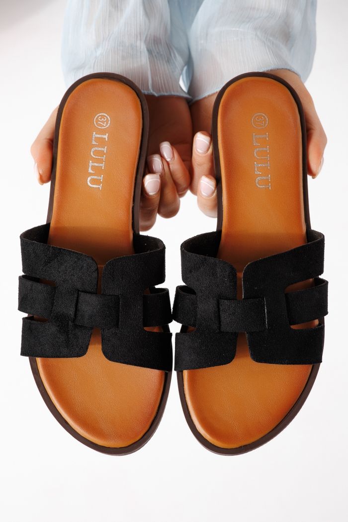 Дамски чехли черни от обърната еко кожа Odessa #25104