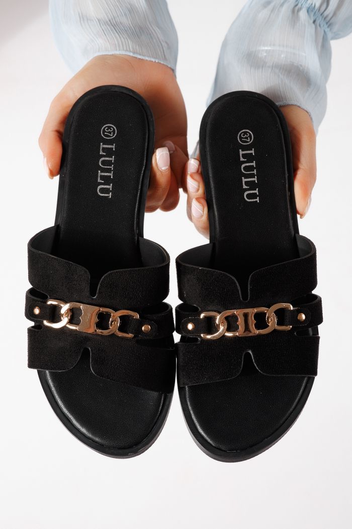 Дамски чехли черни от обърната еко кожа Pilar #25051