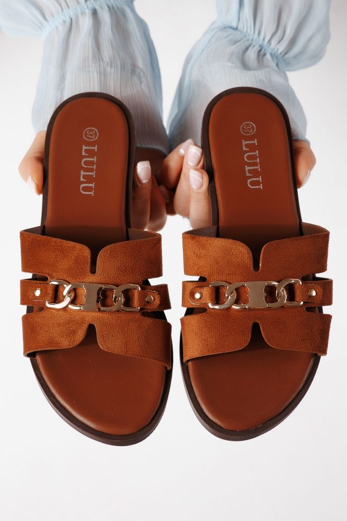 Дамски чехли кафяви от обърната еко кожа Pilar #25054