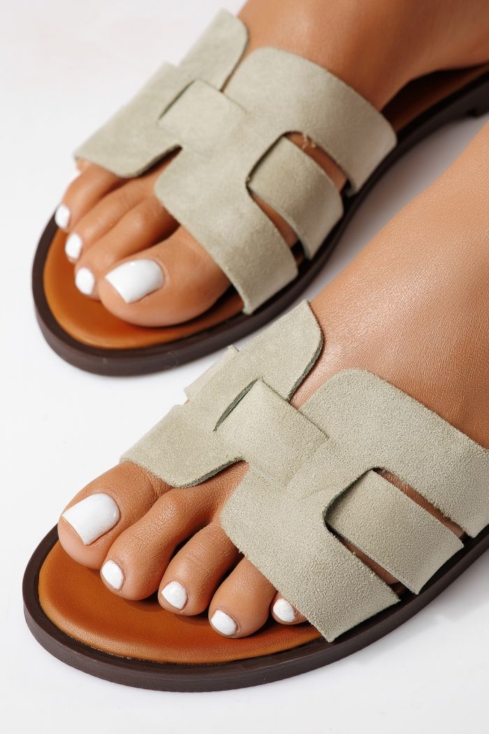 Дамски чехли зелени от обърната еко кожа Odessa #25105