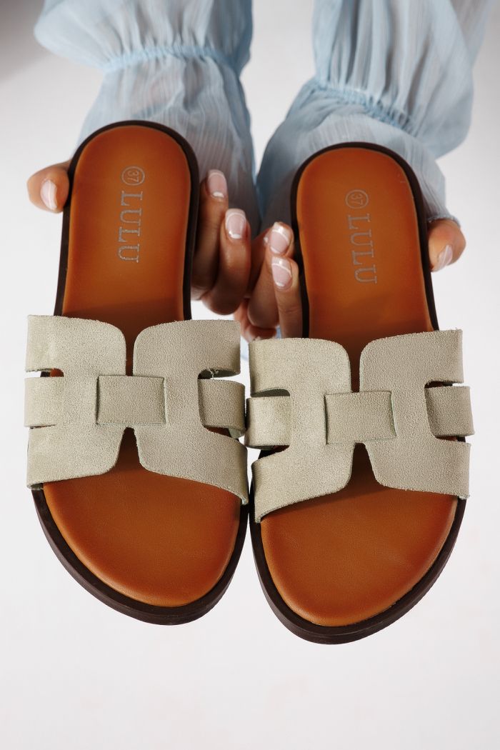 Дамски чехли зелени от обърната еко кожа Odessa #25105