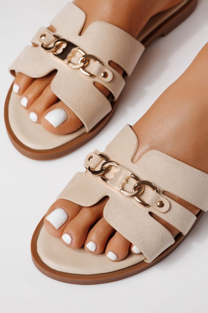 Дамски чехли бежови от обърната еко кожа Pilar #25050