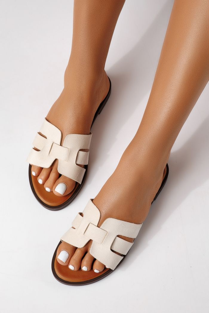 Дамски чехли бежови от обърната еко кожа Odessa #25109