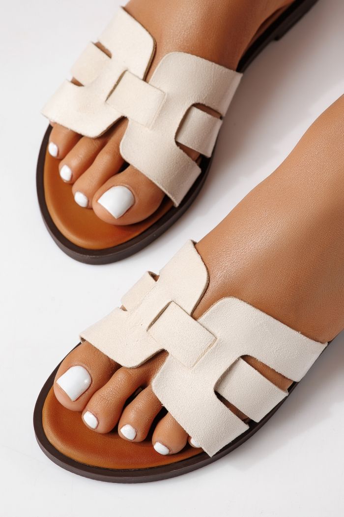 Дамски чехли бежови от обърната еко кожа Odessa #25109