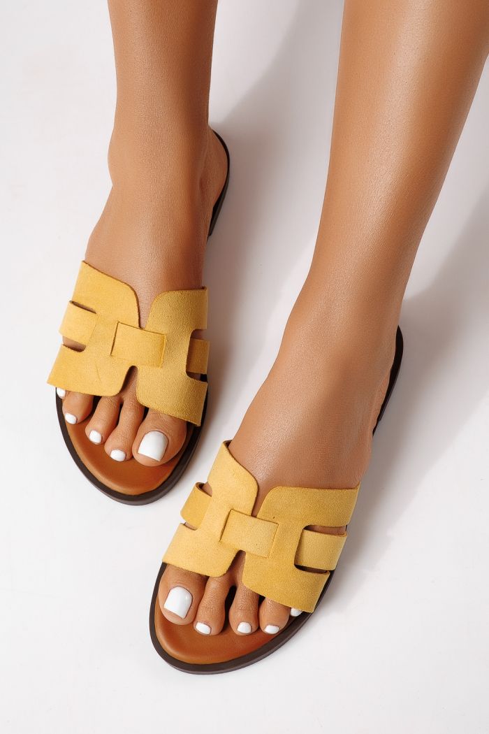 Дамски чехли жълти от обърната еко кожа Odessa #25108