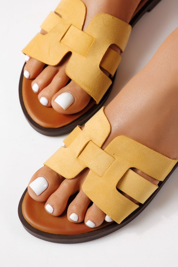 Дамски чехли жълти от обърната еко кожа Odessa #25108