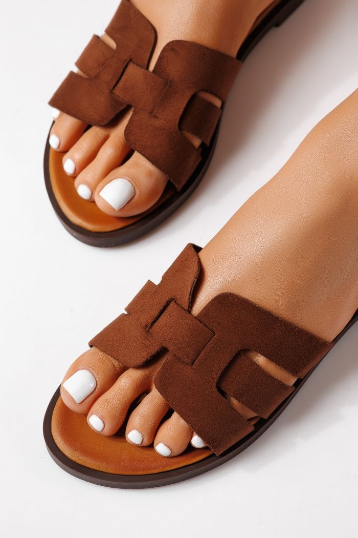 Дамски чехли кафяви от обърната еко кожа Odessa #25107