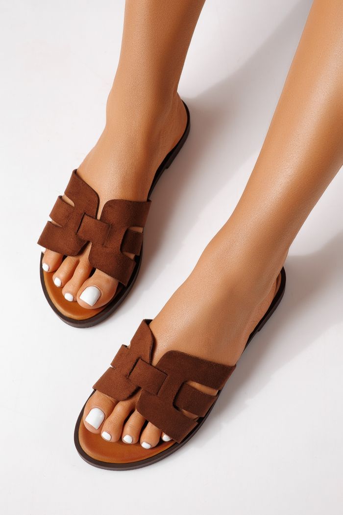 Дамски чехли кафяви от обърната еко кожа Odessa #25107