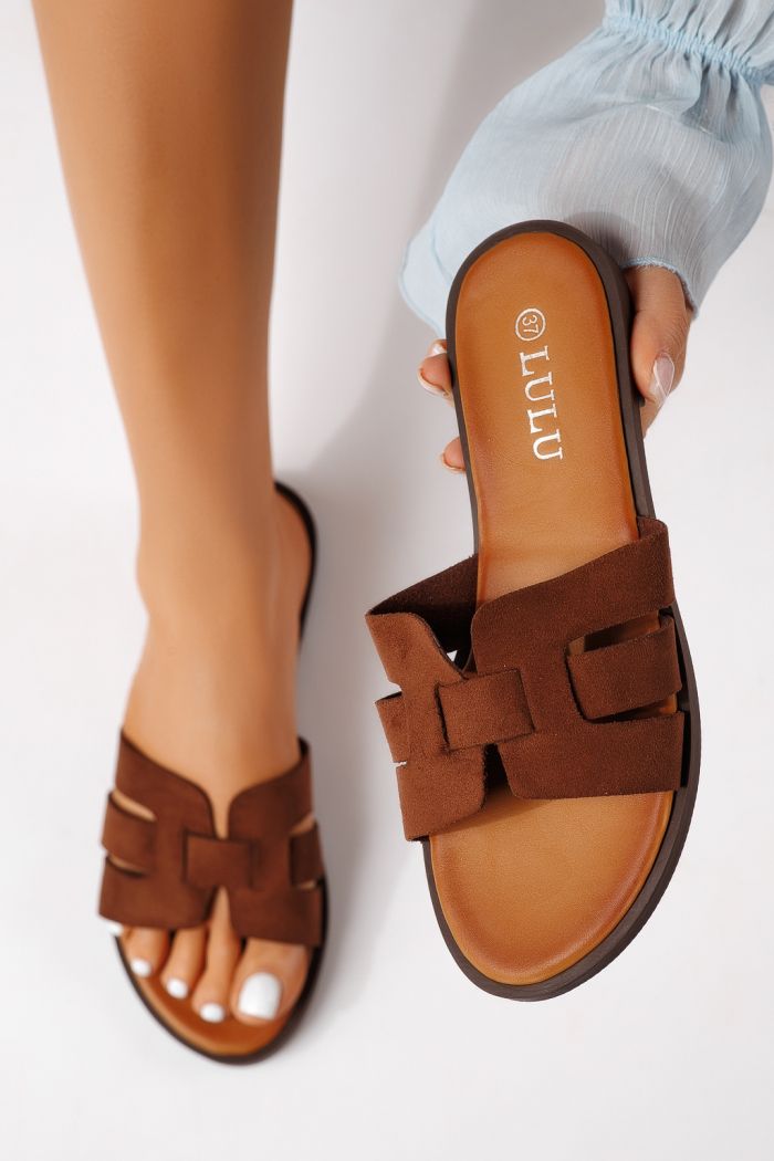 Дамски чехли кафяви от обърната еко кожа Odessa #25107