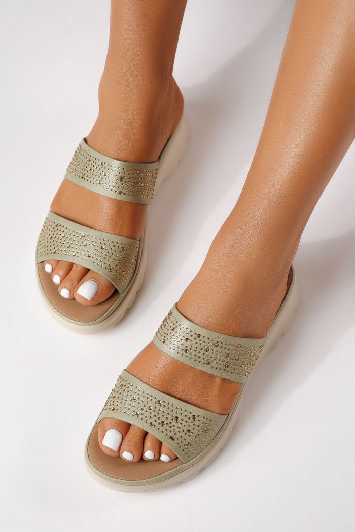 Дамски чехли зелени от еко кожа Estela #25017