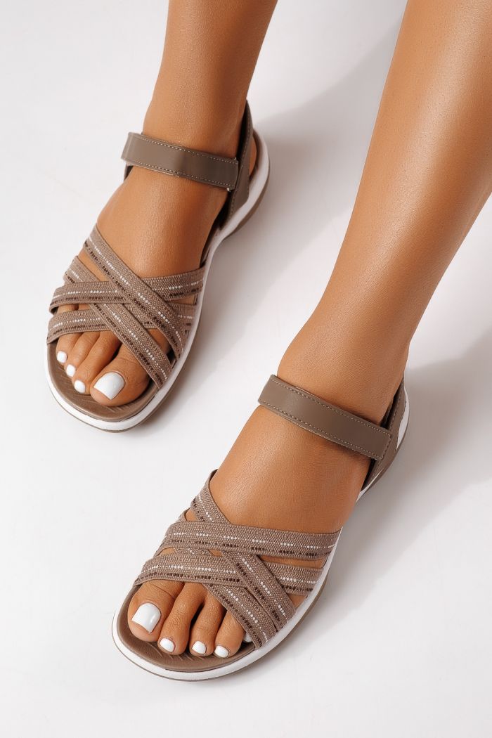 Дамски сандали с ниска подметка каки от текстилен материал Mireya #25134