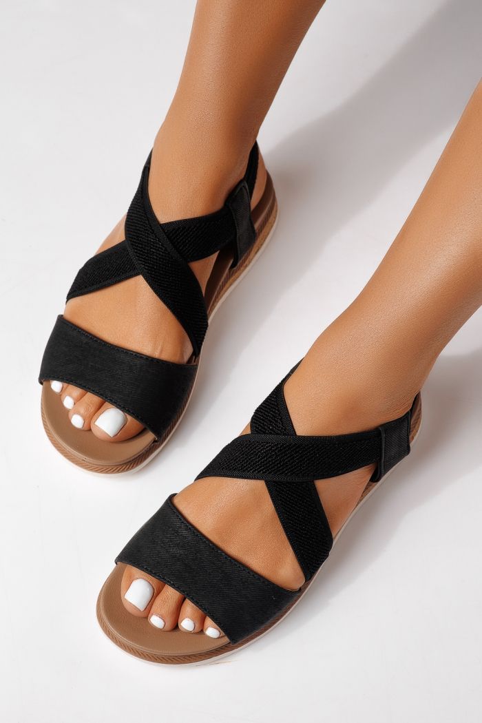 Дамски сандали с ниска подметка черни от еко кожа Yara #25152