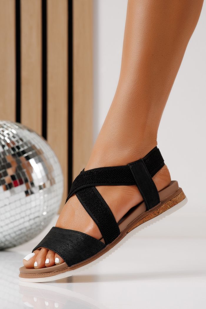 Дамски сандали с ниска подметка черни от еко кожа Yara #25152