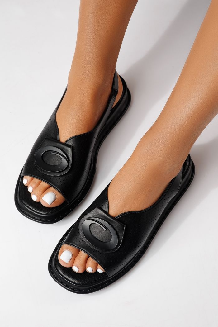 Дамски сандали с ниска подметка черни от еко кожа Zaria #25175