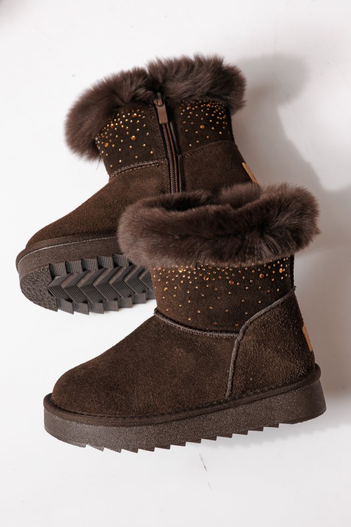 Ватирани боти за момичета тип Ugg кафяви от обърната естествена кожа Katy #30288