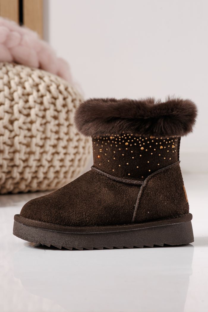 Ватирани боти за момичета тип Ugg кафяви от обърната естествена кожа Katy #30288