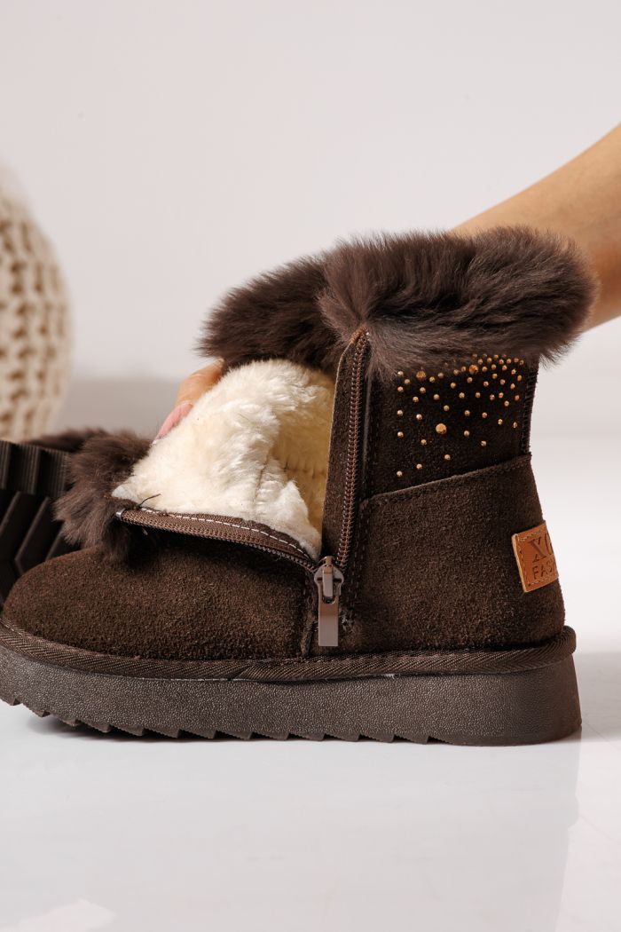Ватирани боти за момичета тип Ugg кафяви от обърната естествена кожа Katy #30288