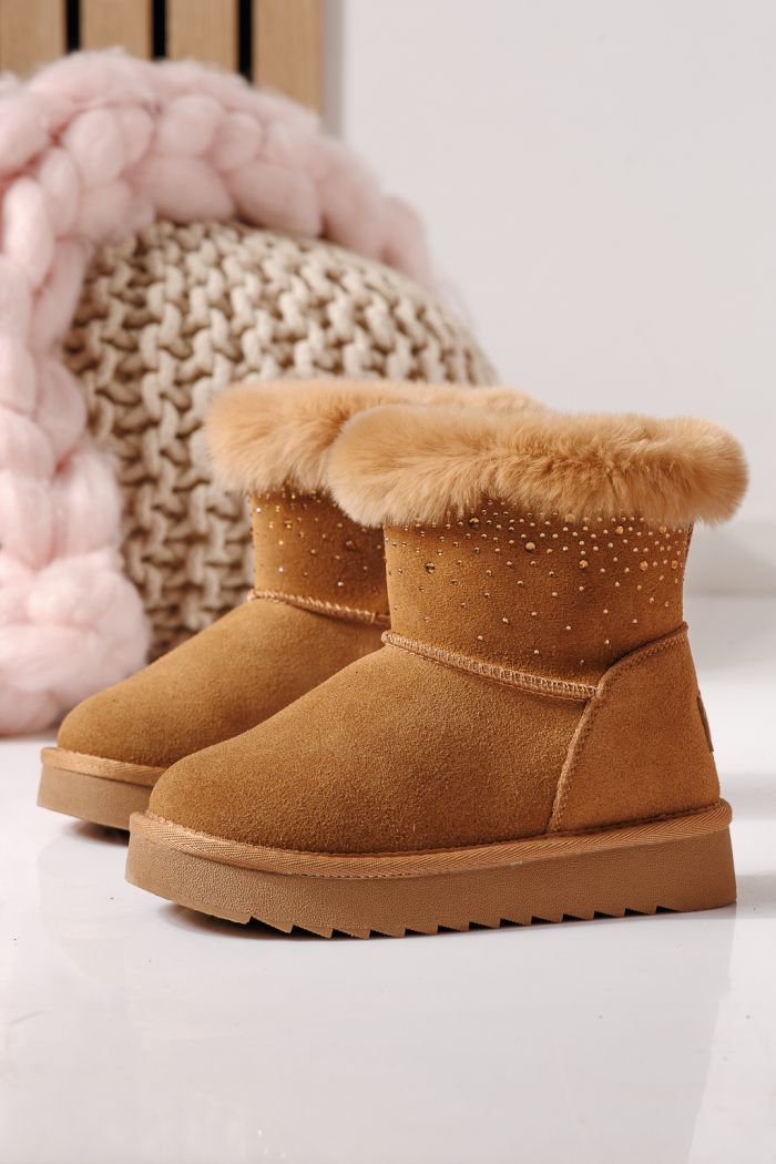 Ватирани боти за момичета тип Ugg кафяви от обърната естествена кожа Katy #30289