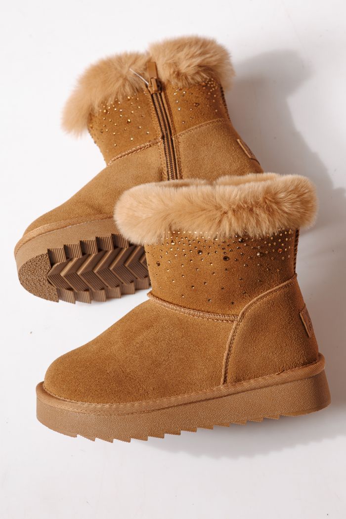 Ватирани боти за момичета тип Ugg кафяви от обърната естествена кожа Katy #30289
