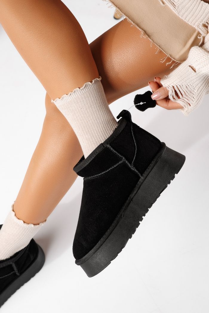 Дамски къси чизми подплатени с пух тип UGG черни от обърната естествена кожа Alina #30532
