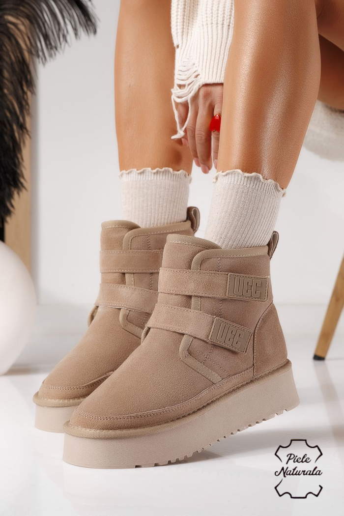 Дамски къси чизми подплатени с пух тип UGG каки от обърната естествена кожа Nicoleta #30562