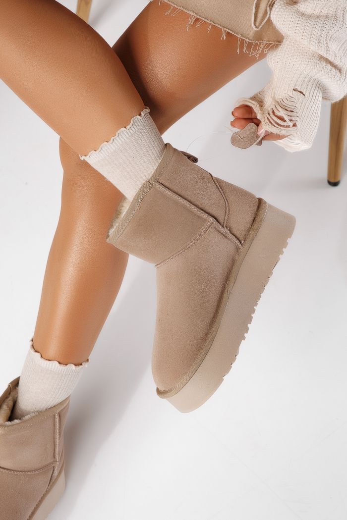 Дамски къси чизми подплатени с пух тип UGG каки от обърната естествена кожа Luiza #30568