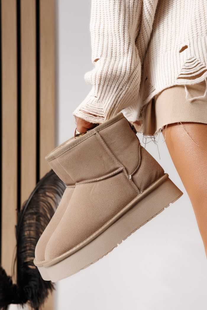 Дамски къси чизми подплатени с пух тип UGG каки от обърната естествена кожа Luiza #30568