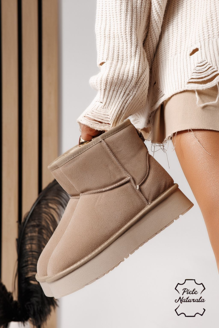 Дамски къси чизми подплатени с пух тип UGG каки от обърната естествена кожа Luiza #30568
