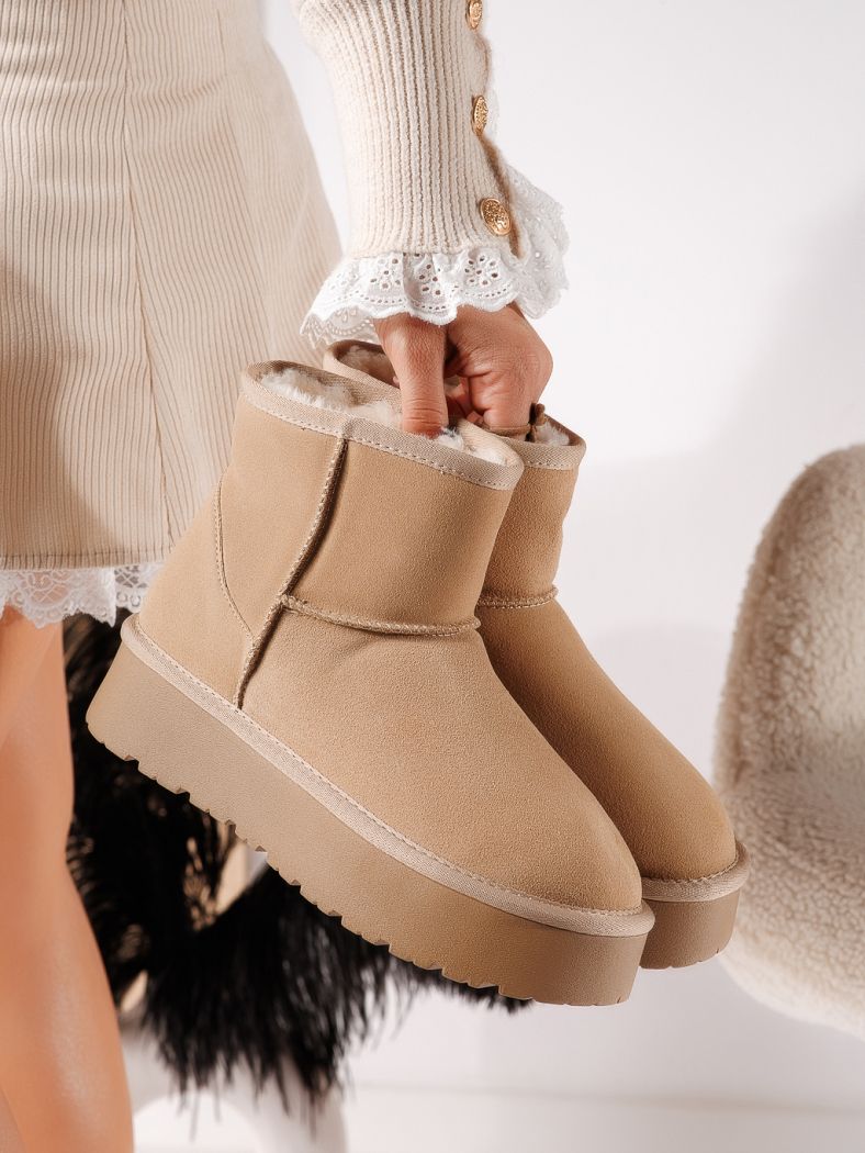 Дамски къси чизми подплатени с пух тип UGG каки от обърната естествена кожа Ina #30639