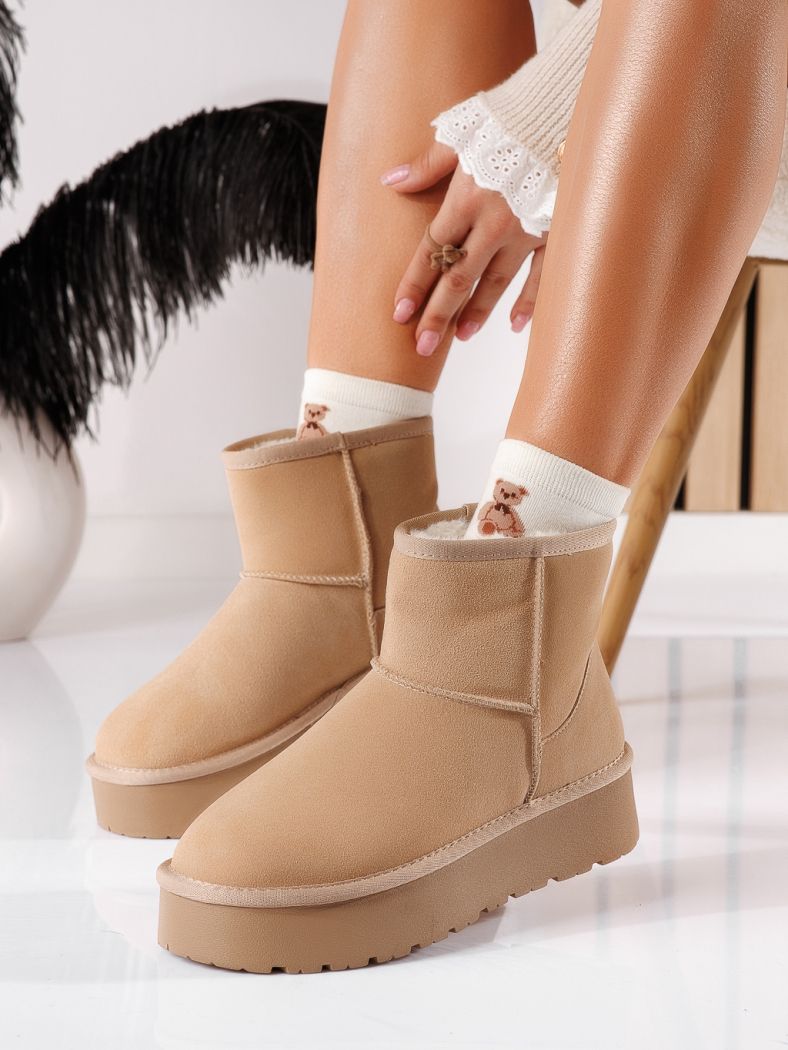 Дамски къси чизми подплатени с пух тип UGG каки от обърната естествена кожа Ina #30639