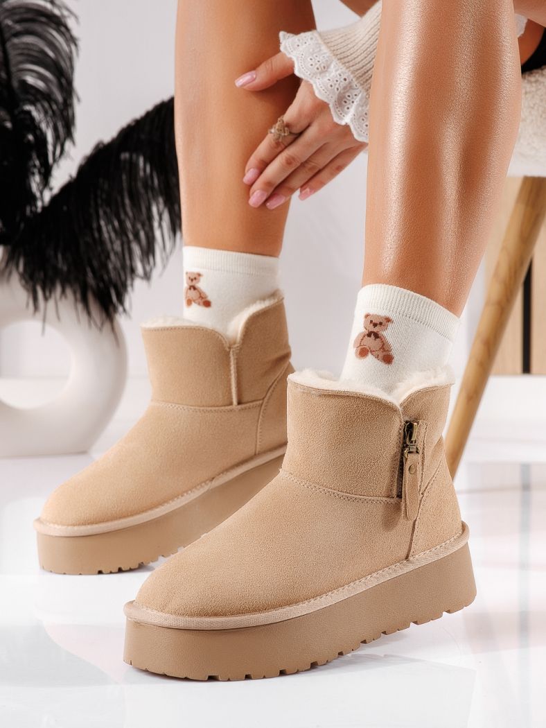 Дамски къси чизми подплатени с пух тип UGG каки от обърната естествена кожа Lina #30642