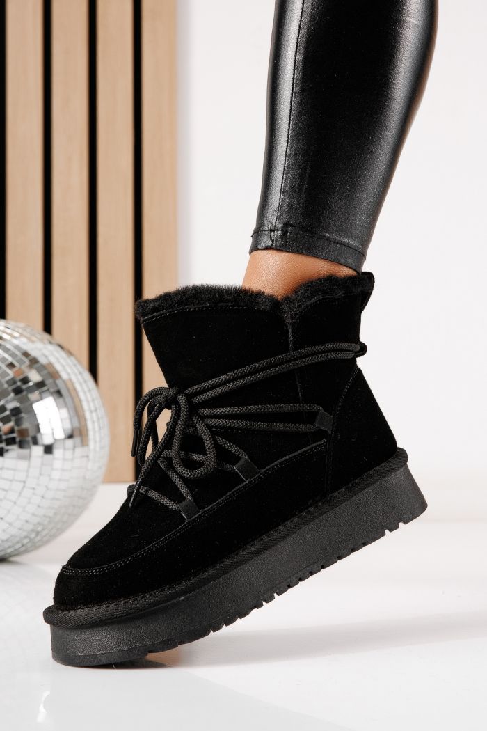 Ватирани къси дамски чизми тип UGG черни от обърната естествена кожа Freja #30564