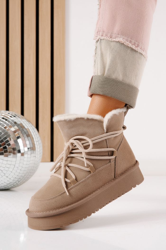 Ватирани къси дамски чизми тип UGG каки от обърната естествена кожа Freja #30563