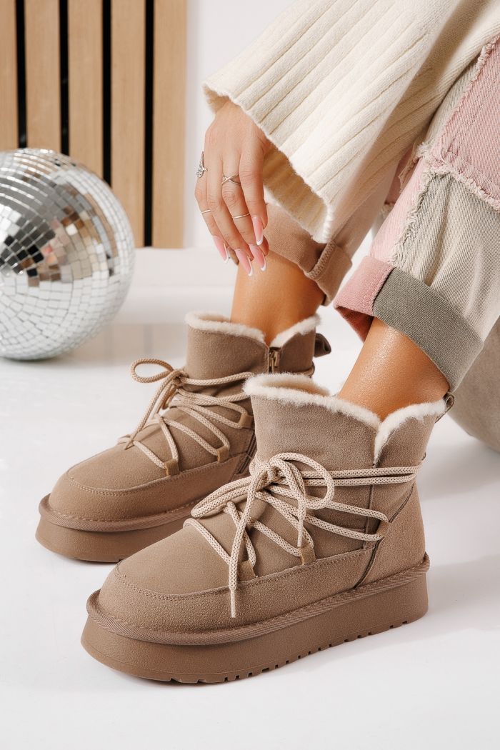 Ватирани къси дамски чизми тип UGG каки от обърната естествена кожа Freja #30563