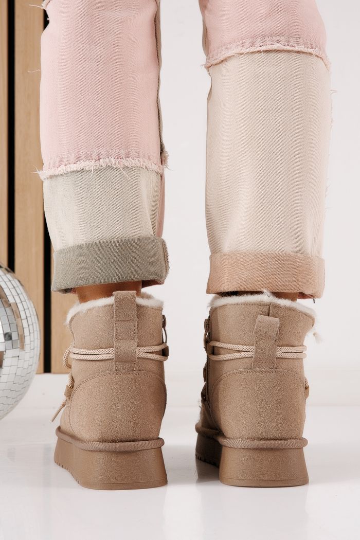 Ватирани къси дамски чизми тип UGG каки от обърната естествена кожа Freja #30563