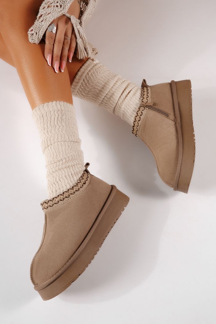 Ватирани къси дамски чизми тип UGG каки от обърната естествена кожа Inga #30569