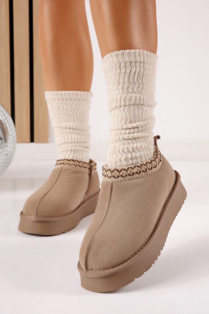 Ватирани къси дамски чизми тип UGG каки от обърната естествена кожа Inga #30569