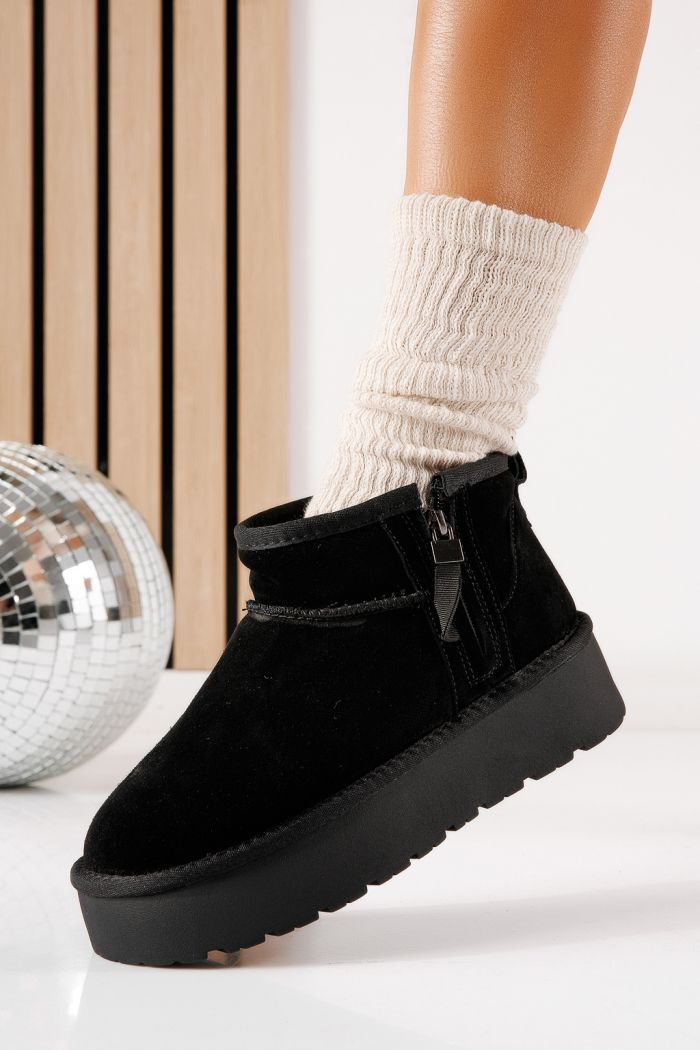 Къси дамски чизми, подплатени с пух тип UGG черни от обърната естествена кожа Sima #30636